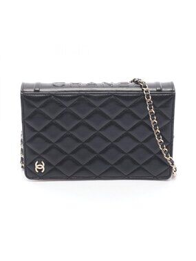 Chanel Shoulder Bag Book Quilted Black White Lambskin Chain Wallet